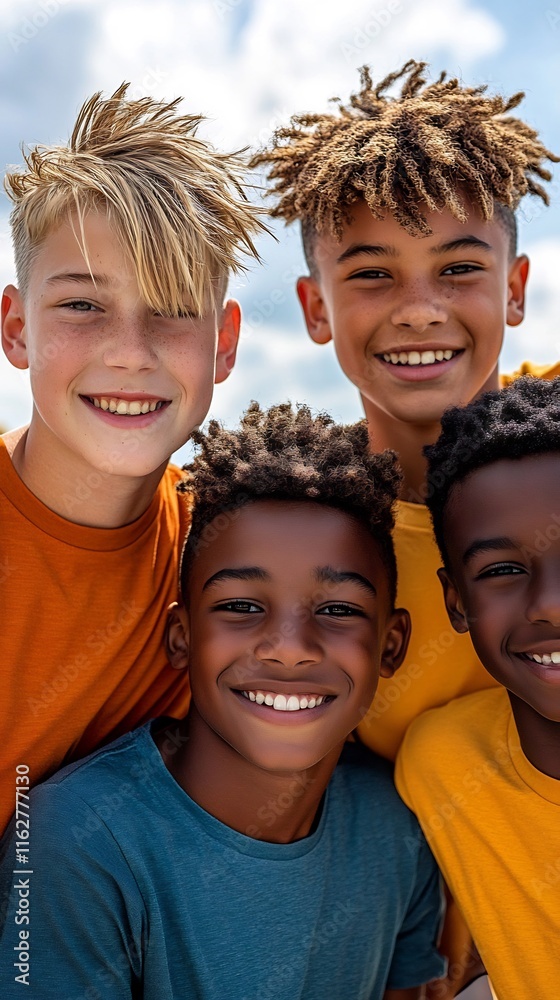Fototapeta premium Joyful Boys Smiling Brightly Outdoors: Close-Up Photo. AI Generated