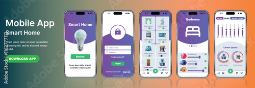 A sleek smart home application interface template featuring modern icons and a gradient design. Includes navigation menus for managing devices, monitoring security, controlling temperature