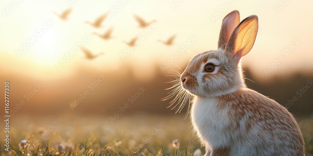 Fototapeta premium Easter bunny and hope concept. Rabbit in a sunlit field with birds in the background.