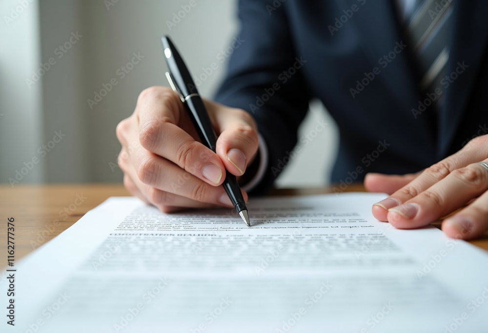 A person in a suit is carefully signing a legal document with a pen. A person in a suit is carefully signing a legal document with a pen.