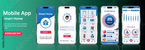 A sleek smart home application interface template featuring modern icons and a gradient design. Includes navigation menus for managing devices, monitoring security, controlling temperature