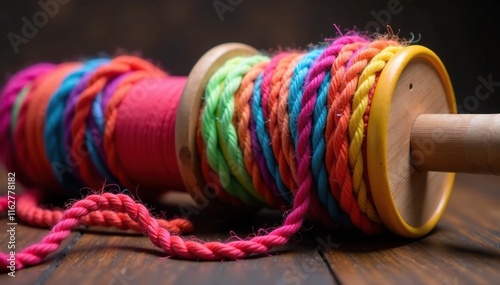 multicolored yarn coils wrapped around a wooden spindle, fiber arts, yarn, spinning photo