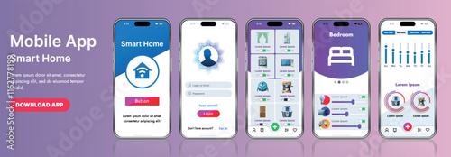 A sleek smart home application interface template featuring modern icons and a gradient design. Includes navigation menus for managing devices, monitoring security, controlling temperature