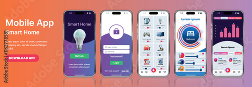 A sleek smart home application interface template featuring modern icons and a gradient design. Includes navigation menus for managing devices, monitoring security, controlling temperature