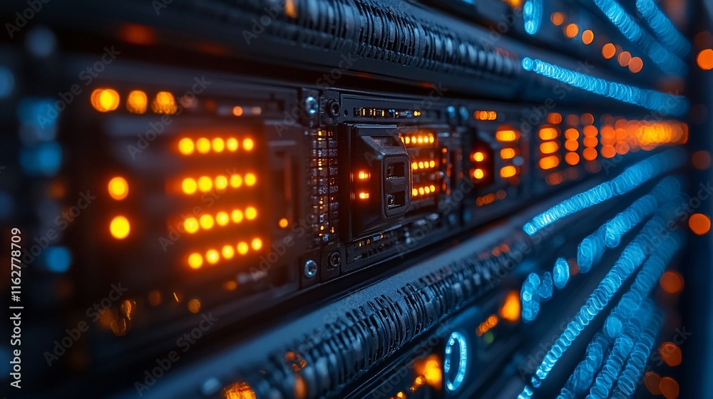 Naklejka premium Illuminated Server Rack Shows Data Center Technology