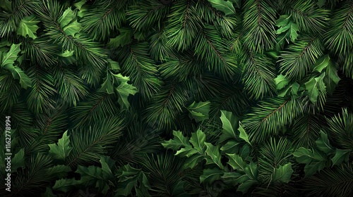 Lush evergreen foliage background texture.