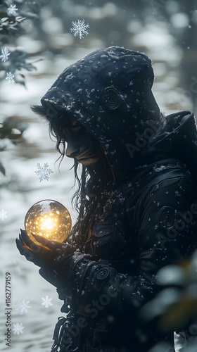 mysterious figure in dark hooded cloak holds glowing crystal ball, surrounded by falling snowflakes. enchanting scene evokes sense of magic and wonder