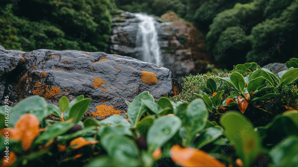 Scenic tropical waterfall framed by orange flowers and lush foliage, Natural paradise landscape Scenic tropical waterfall framed by orange flowers and lush foliage, Natural paradise landscape