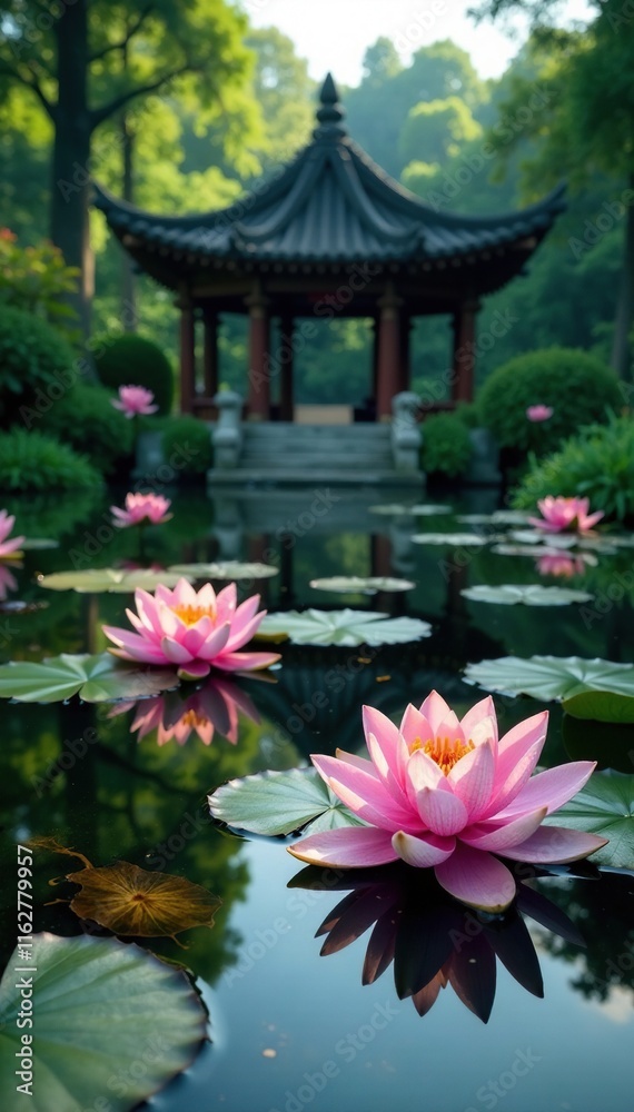 serene temple pond with blooming water lilies, serene, pond serene temple pond with blooming water lilies, serene, pond