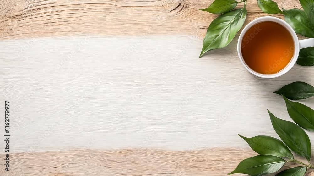 A calming scene featuring a cup of tea beside fresh green leaves on a light wooden surface, perfect for relaxation and wellness. A calming scene featuring a cup of tea beside fresh green leaves on a light wooden surface, perfect for relaxation and wellness.