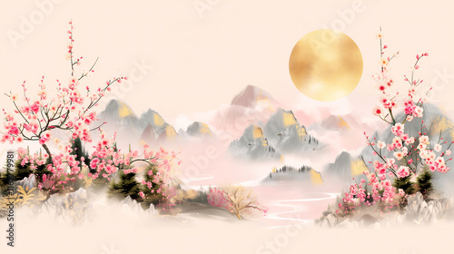 Beautiful elegant vintage floral background with the full moon, in a traditional oriental style, for the Asian Mid Autumn festival,  Chuseok, Seollal, Korean Lunar New Year	

