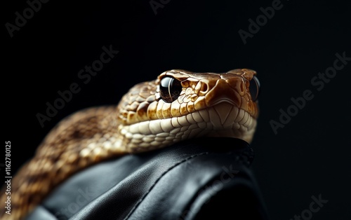 A captivating close-up of a snake resting atop a sleek black surface, showcasing its intricate scales and curious expression. photo