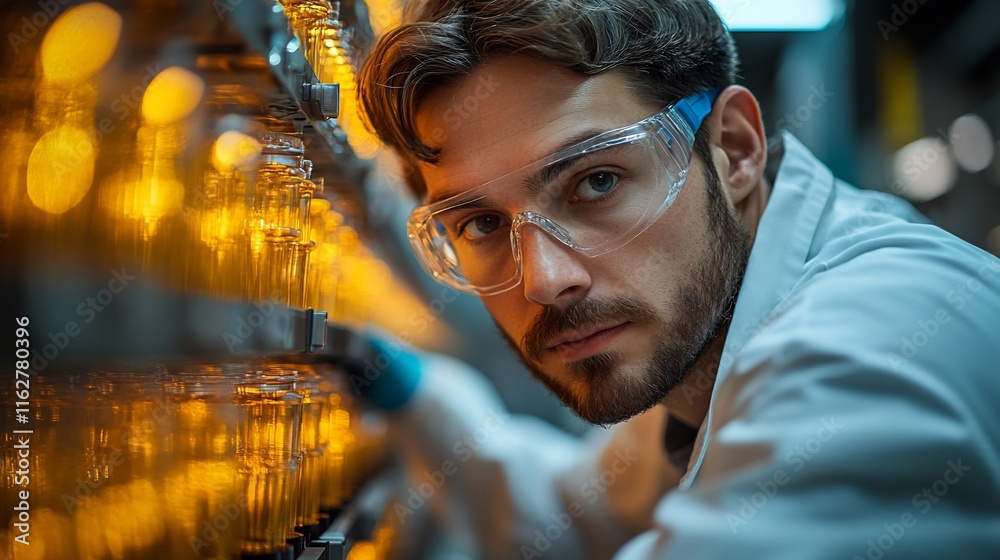 Scientist examining glowing amber liquid samples in a lab Scientist examining glowing amber liquid samples in a lab