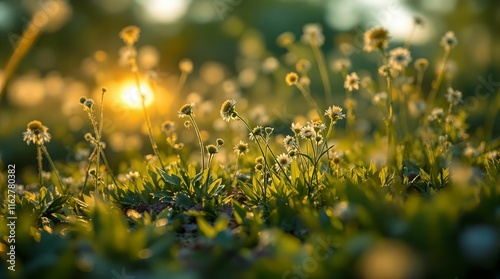 field of dandelions with a soft-focus background, illuminated by a warm, golden light that appears to be the setting sun. The dandelions are in various stages of bloom, scattered across the grassy fie photo