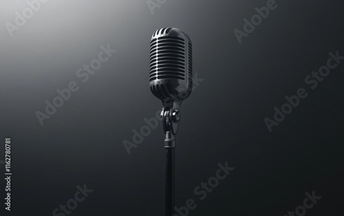 A classic microphone stands alone against a dark background, symbolizing music, performance, and creativity.