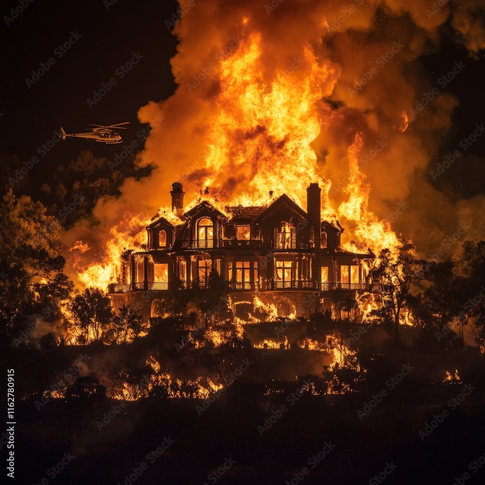 Dramatic Hollywood Hills Wildfire Scene with Burning Mansion Dramatic Hollywood Hills Wildfire Scene with Burning Mansion