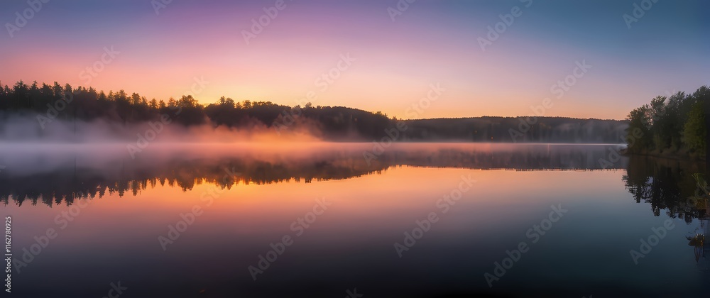 A stunning panoramic view of a serene lake at sunrise where the water reflects the vibrant colors of the sky A stunning panoramic view of a serene lake at sunrise where the water reflects the vibrant colors of the sky
