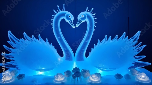 Two swans, swans lover made of ice. Winter and valentine background  photo