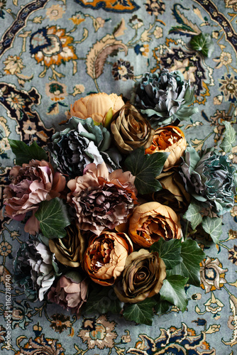 Jesienne kwiaty na welurowej tkaninie