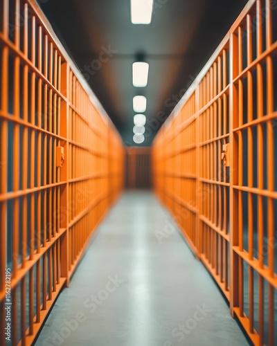 Trafficking Awareness Human Rights Concept, Prison corridor with orange barred cells, dim lighting. photo