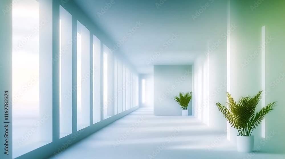 Fototapeta premium Serene Modern Office Corridor: Wide Shot Architectural 3D Render. AI Generated