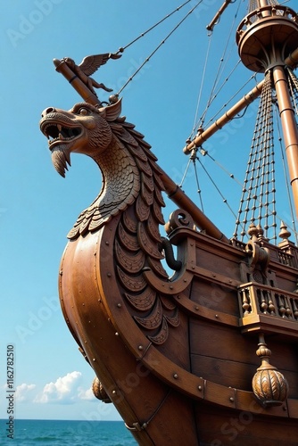 Tall ship's figurehead carved with mythological creatures, wooden, tall ship, mythology