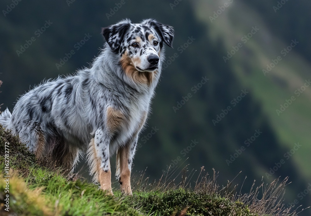 Fototapeta premium Majestic Australian Shepherd Dog on Hilltop, Stunning Mountain View