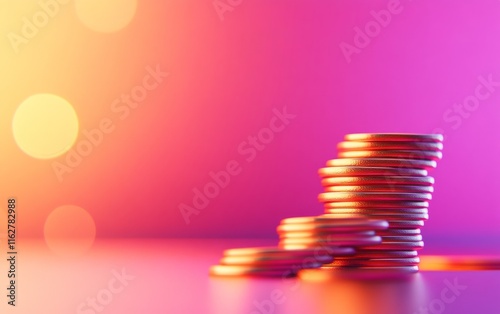 A close-up view of a stack of coins against a colorful background, symbolizing wealth and financial growth. photo