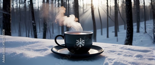 A steaming cup of tea on a ceramic coaster on a snow dusted forest trail with delicate snowflakes drifting in the background