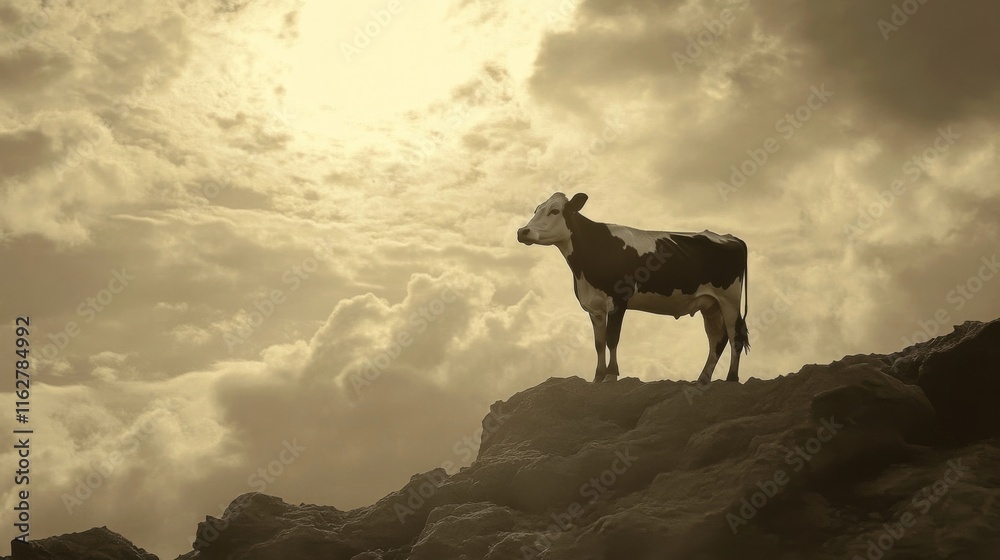 Black and White Cow in Golden Hour Light Scene Black and White Cow in Golden Hour Light Scene