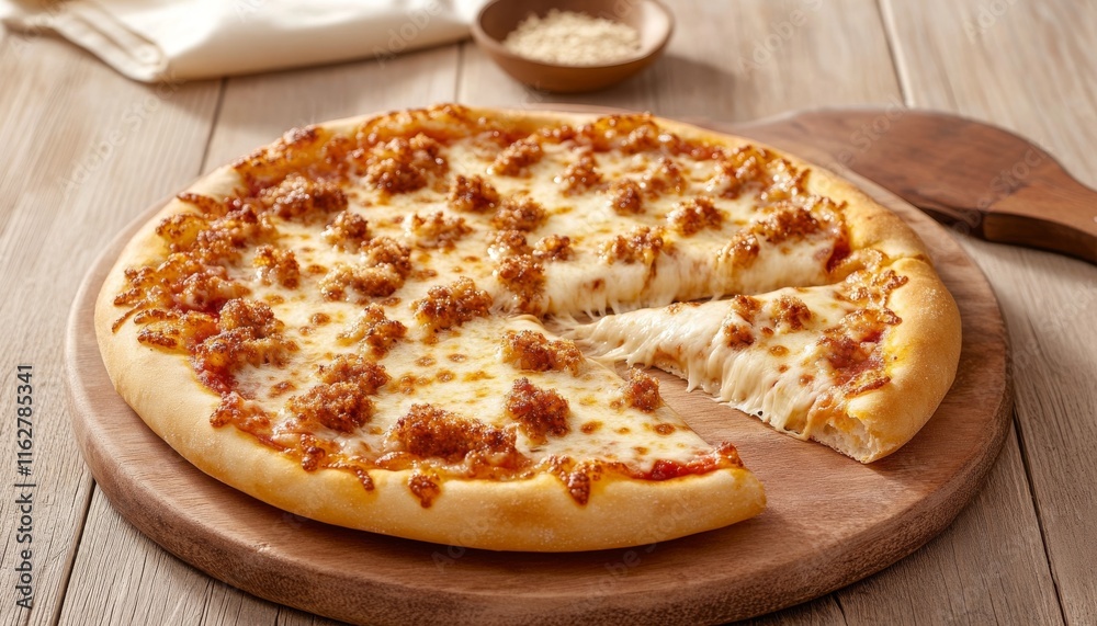 A delicious freshly baked pizza topped with cheese and sausage, served on a wooden board, perfect for sharing or a cozy meal. A delicious freshly baked pizza topped with cheese and sausage, served on a wooden board, perfect for sharing or a cozy meal.