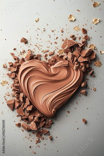 A heart made of chocolate, with broken pieces scattered around it, and gold leaf sprinkled on the top. Sweet love concept.