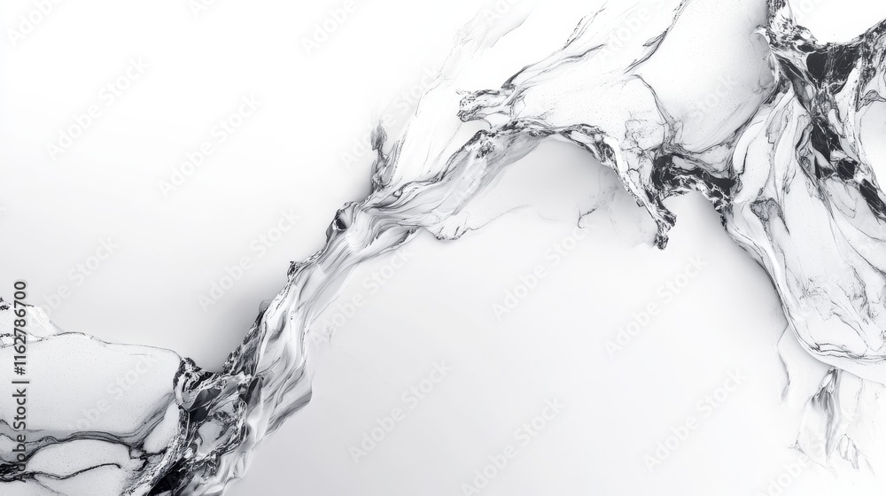 A dynamic and fluid abstract representation of clear water flowing and splashing against a white background. A dynamic and fluid abstract representation of clear water flowing and splashing against a white background.
