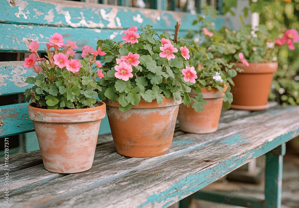 Pink Flowers in Terracotta Pots on Rustic Bench Pink Flowers in Terracotta Pots on Rustic Bench