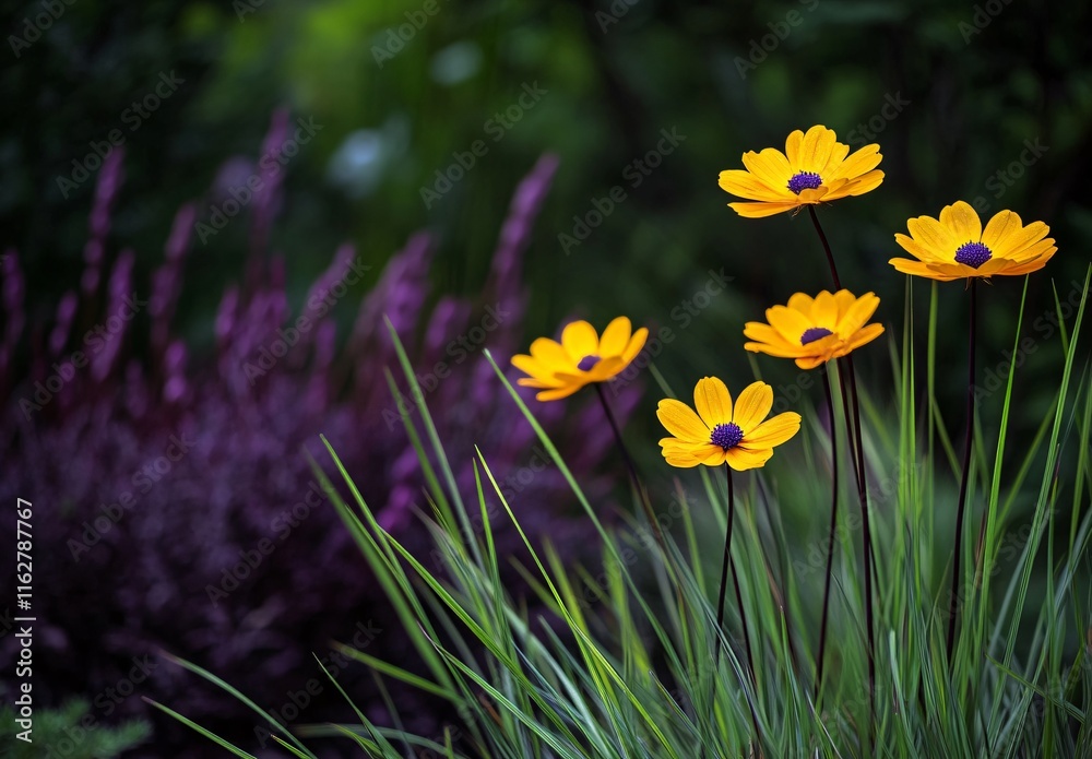 Fototapeta premium Vibrant Yellow Flowers in Lush Green Grass