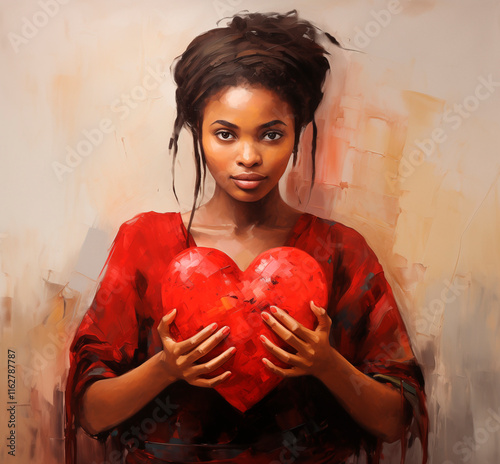 Illustrarion oil painting style african woman presenting a handmade red heart in a hyper-realistic photo