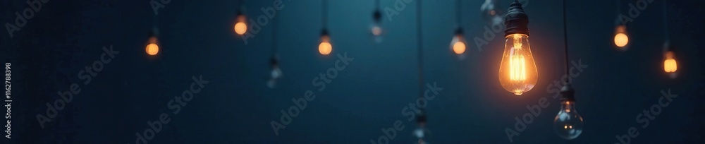 A single glowing light bulb suspended in mid-air against a dark blue background with numerous out-of-focus nearby bulbs, moody, soft focus, dark blue A single glowing light bulb suspended in mid-air against a dark blue background with numerous out-of-focus nearby bulbs, moody, soft focus, dark blue