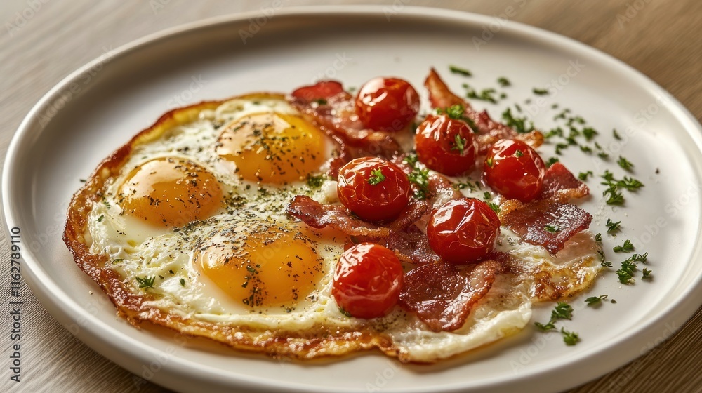 Scrumptious Breakfast: Sunny-Side Up Eggs with Crispy Bacon and Roasted Cherry Tomatoes Scrumptious Breakfast: Sunny-Side Up Eggs with Crispy Bacon and Roasted Cherry Tomatoes