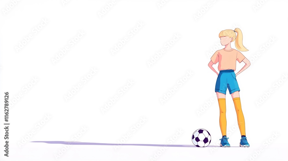 Obraz premium Stunning Digital Illustration: Confident Soccer Girl Posing Against White Background. AI Generated