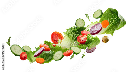 Fresh salad. Mixed falling vegetables in bowl on transparent background