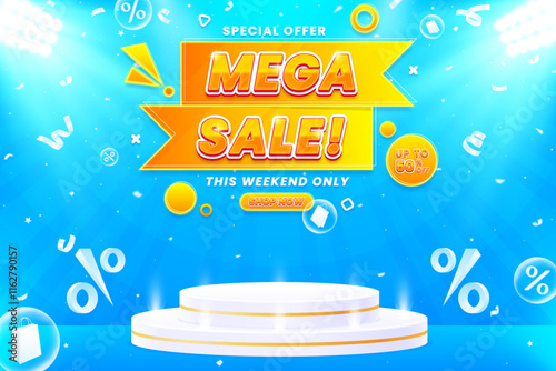 Mega sale advertising banner template featuring podium and colorful lights