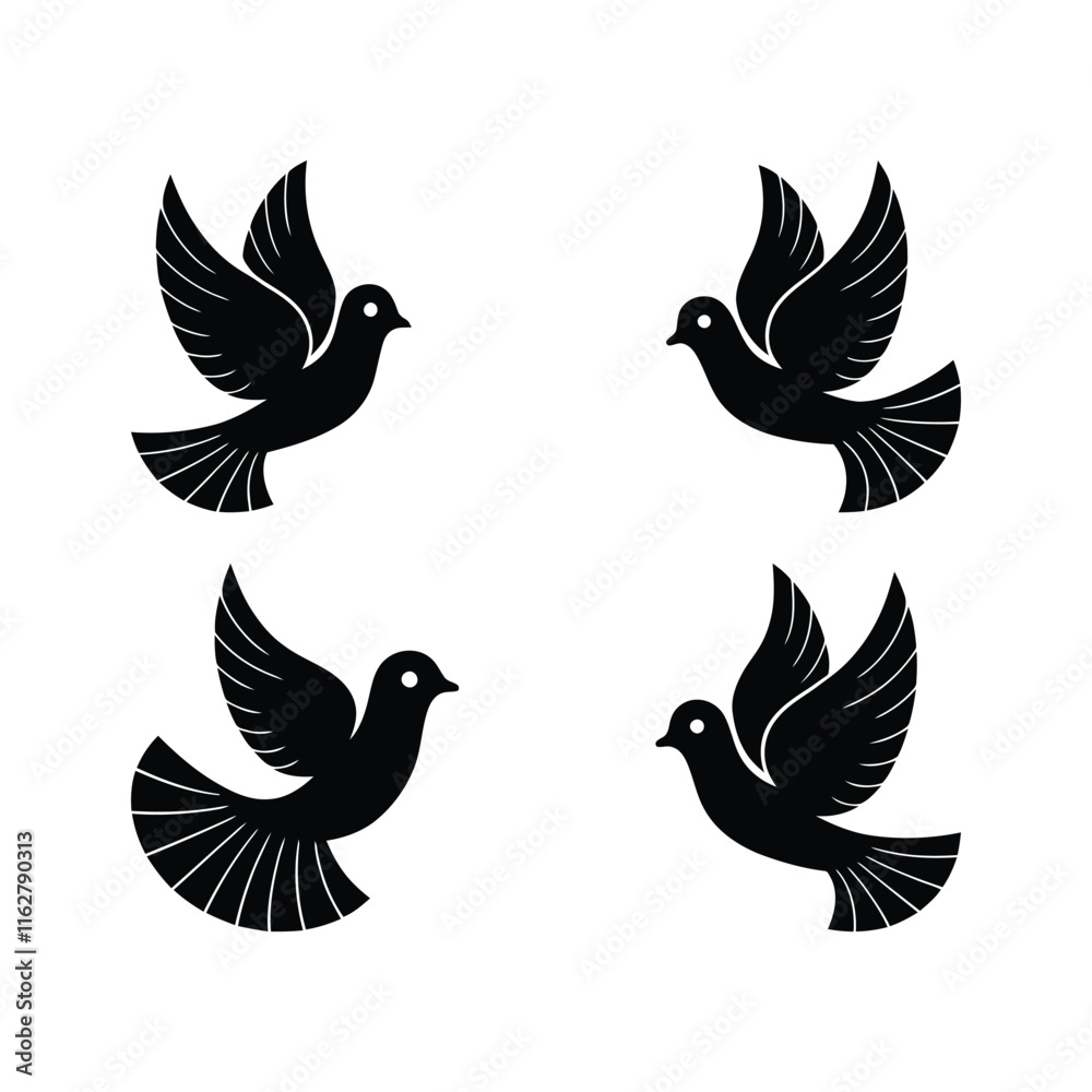 Fototapeta premium Set of Flying Dove Bird Icons in Minimalist Style