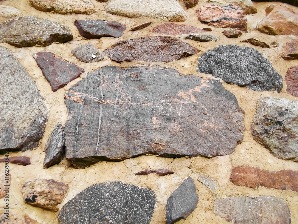 Feldsteine in einer historische Stadtmauer aus dem 13. Jahrhundert