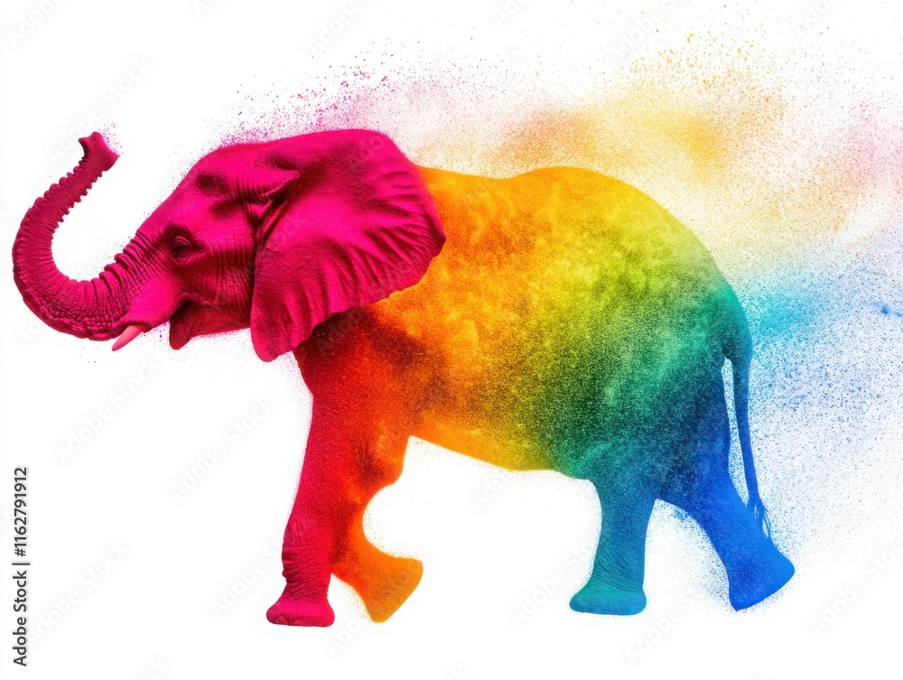 Obraz premium Colorful Elephant Illustration with Vibrant Rainbow Effects and Creative Use of Powder, Symbolizing Joy, Celebration, and Art in a Unique and Eye-Catching Design