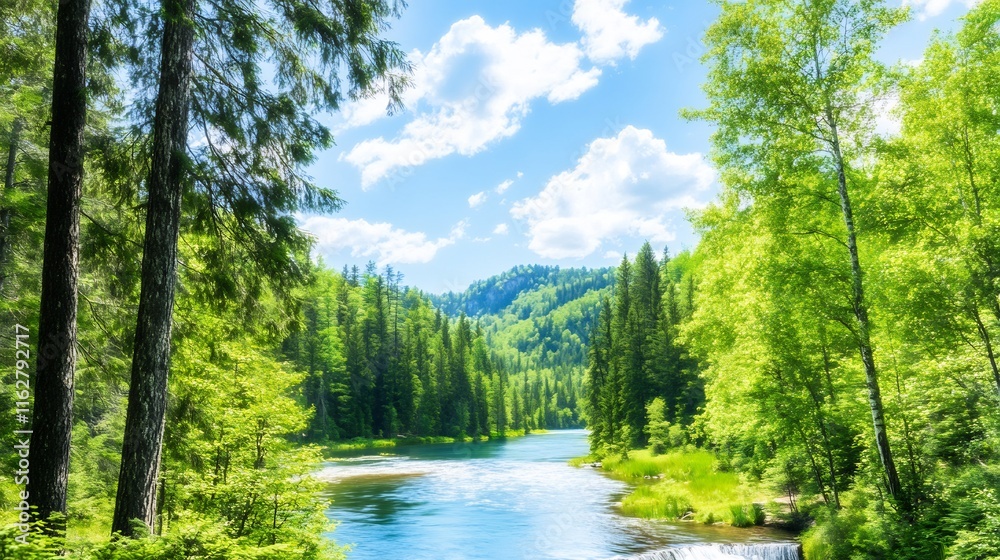 Lush Green Forest River: Vibrant Summer Wide Photo. AI Generated Lush Green Forest River: Vibrant Summer Wide Photo. AI Generated
