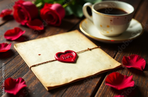 Wallpaper Mural Antique love letter with wax seal in heart shape lies on wooden table surrounded by flowers and rose petals and cup of hot chocolate, vintage tones. Cozy and romantic atmosphere for valentine's day Torontodigital.ca