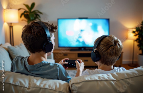 Two teenage boys playing video game while sitting on sofa with wireless remote control in hands and headphones in front of flat screen tv in room, rear view.
