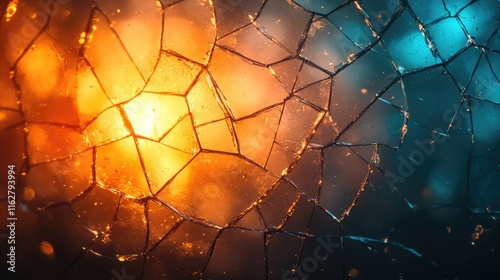 A close-up view of a cracked glass surface with a faint light shining through