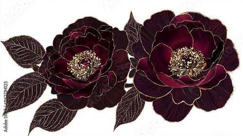 watercolor flower peony burgundy with gold glitter with flowers