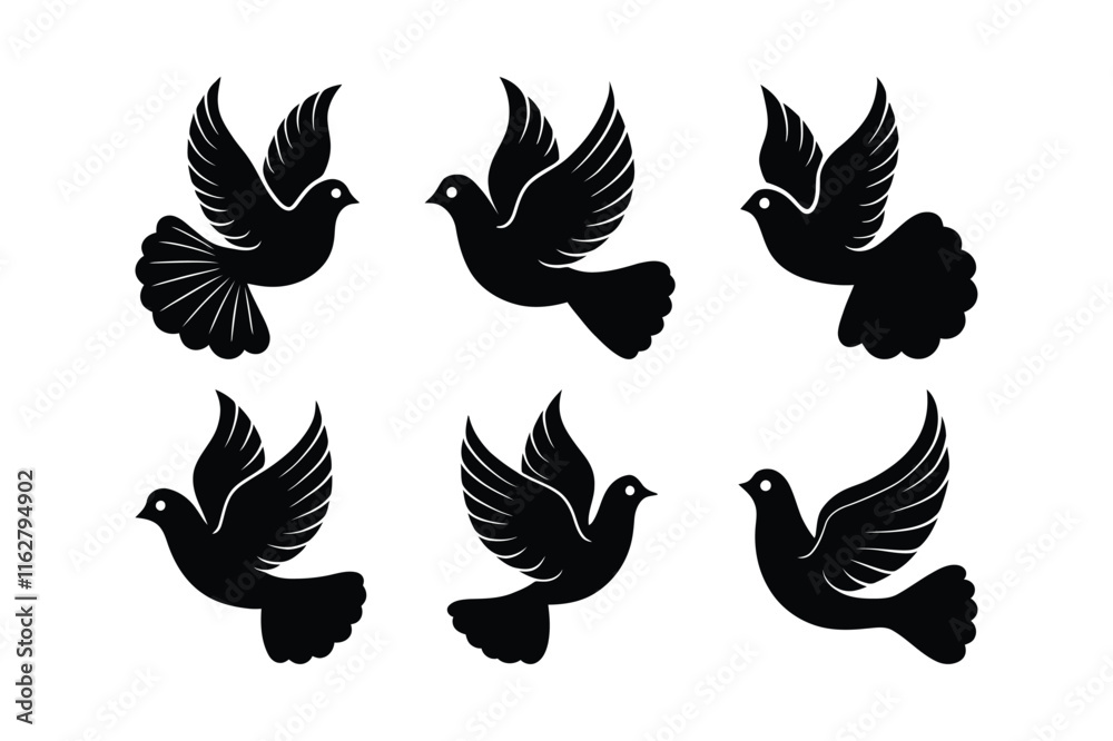 Fototapeta premium Flying Dove Illustrations in Black Silhouette Style